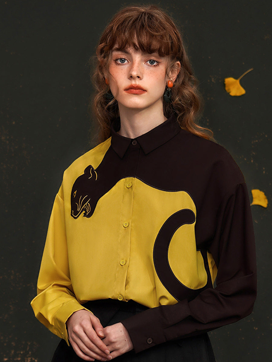 Original sleeved contrasting leopard shirt with artistic style retro spring top for women