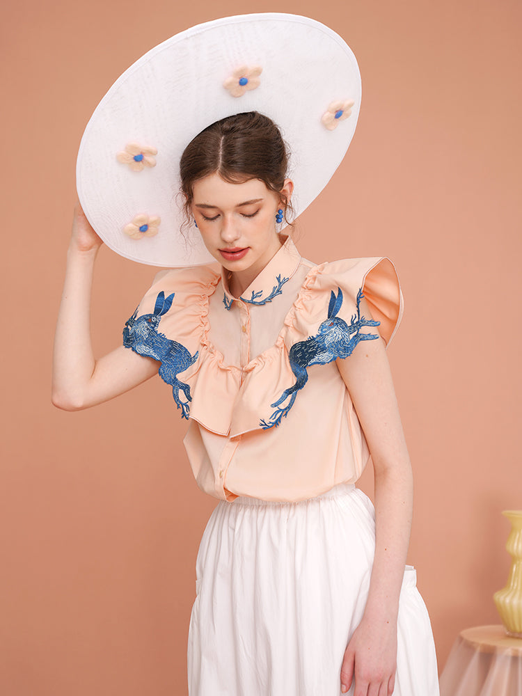 Whimsical Rabbit Embroidered Shirt - Retro Patchwork Niche Commuter Blouse