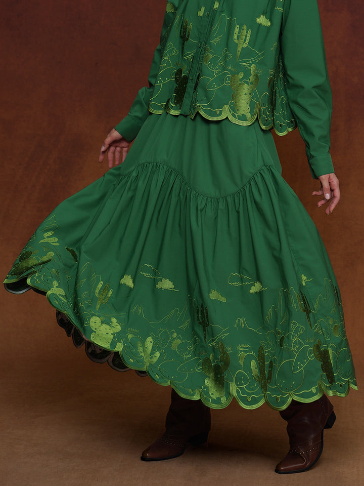 Vintage Pine Green Embroidered Midi Skirt | Relaxed Niche Design