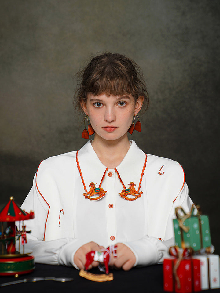 Original design, niche carousel embroidery collar splicing, retro contrasting white shirt, 2023 autumn/winter women's