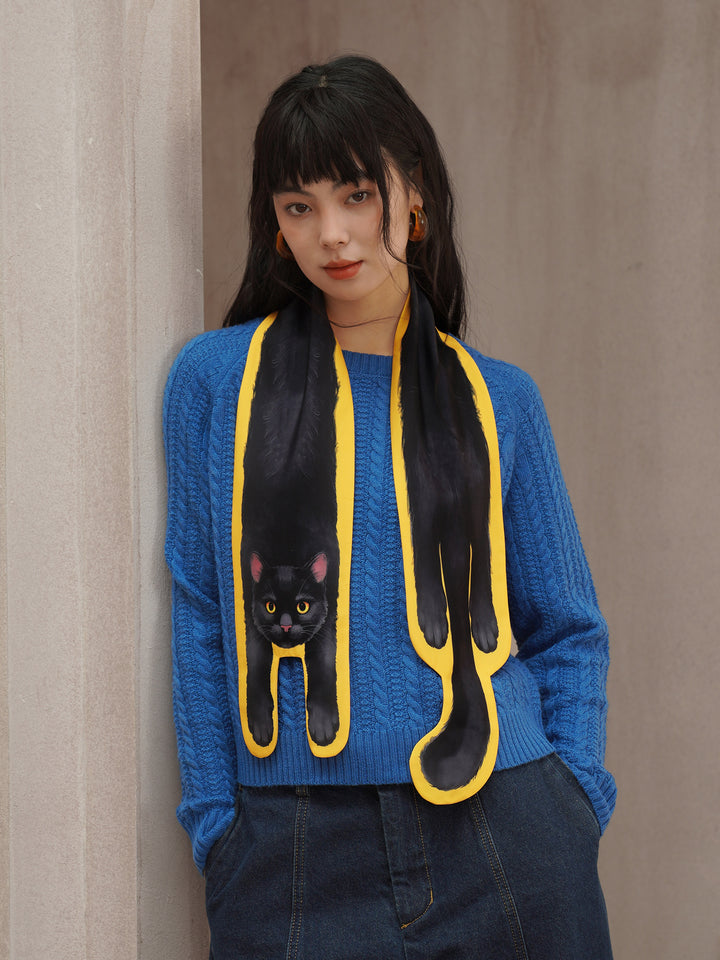 Golden Whiskers Little Black Cat Scarf - Smooth Silk-Feel Bright Yellow Neck Wrap