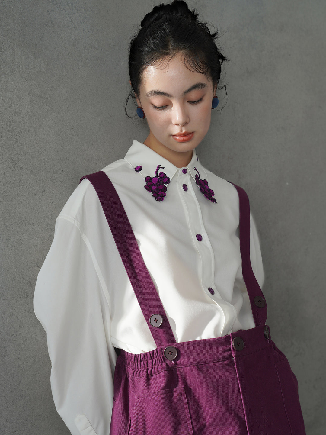 Vintage Grape Purple Embroidered Shirt | Contrast White Lapel Blouse