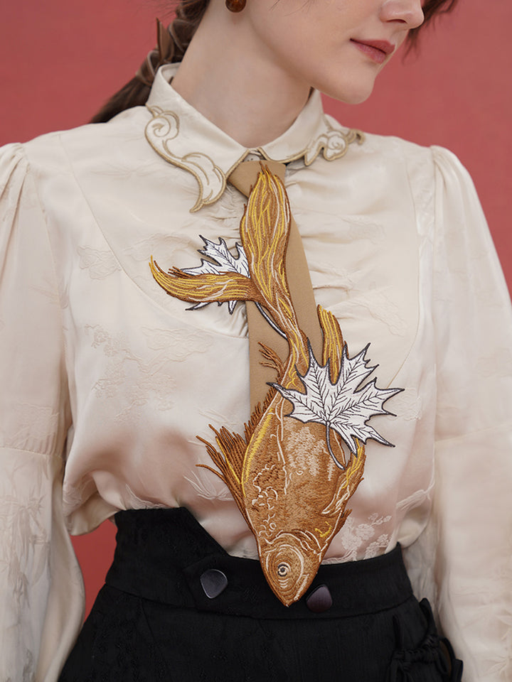 Original Chinese style sinking fish leaf tie for women, paired with shirt design, niche embroidery tie accessories