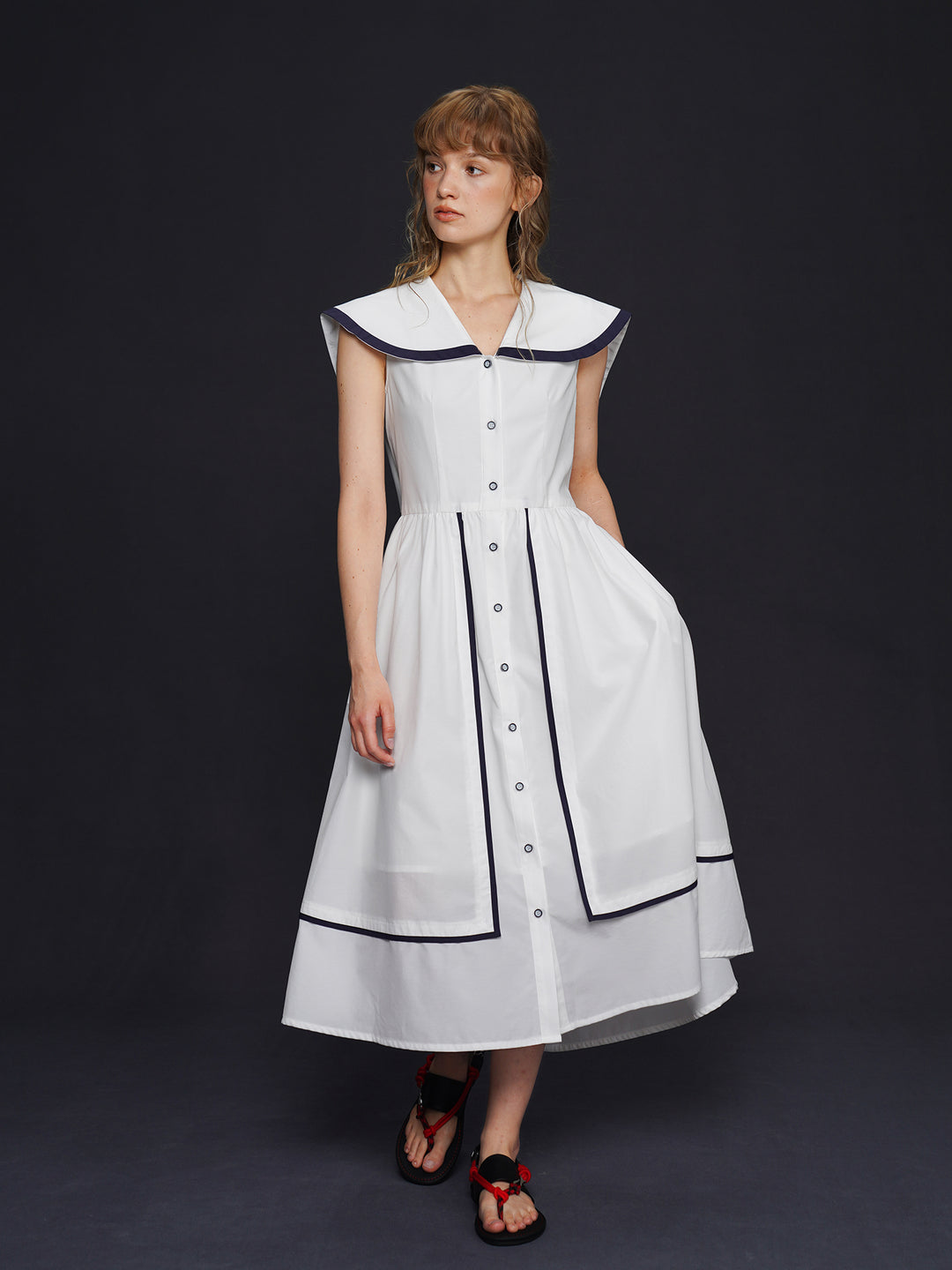 Academy Sailor French Midi Dress - Retro Navy Style Slimming Summer Shirt Dress