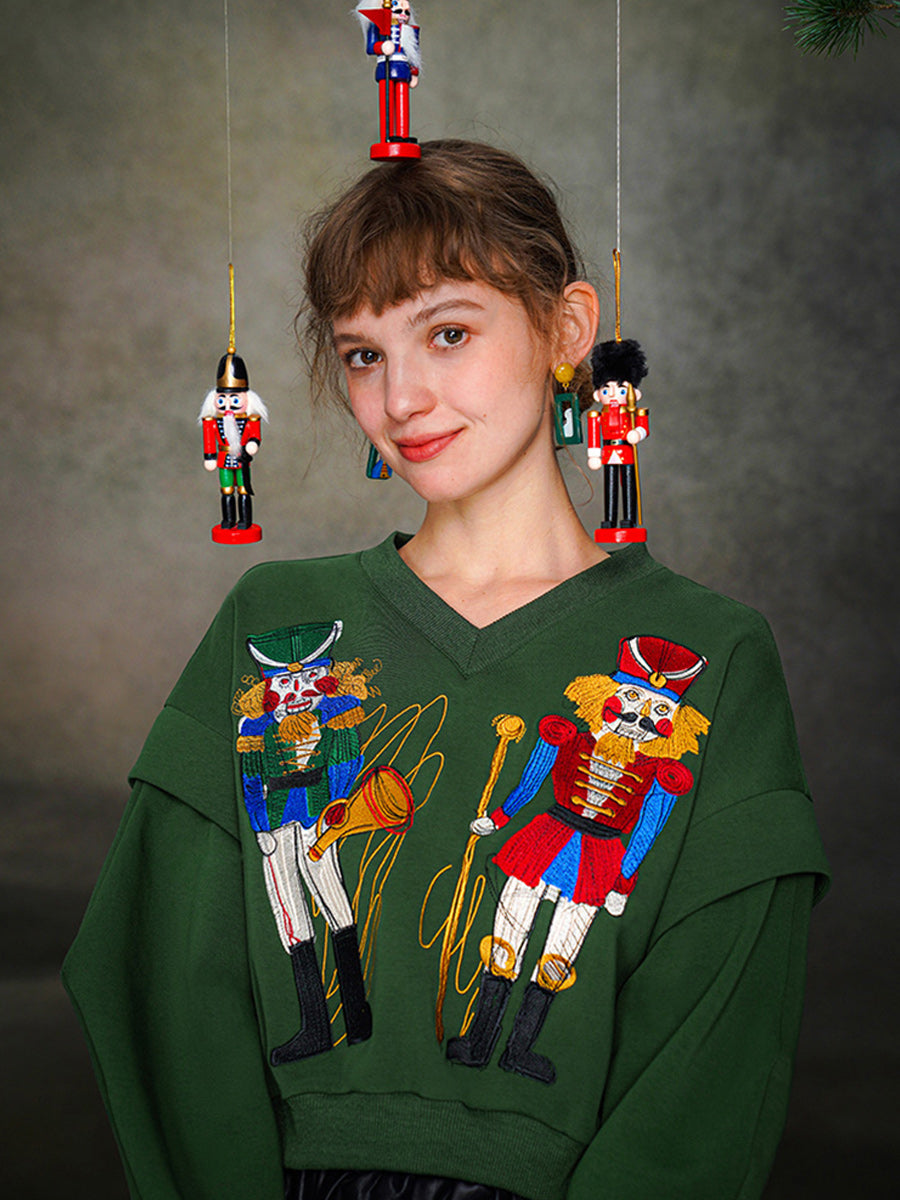 Original Design Nutcracker Embroidered Hoodie Wide V-neck Top Reduced Age Splicing Sleeves Autumn/Winter Collection