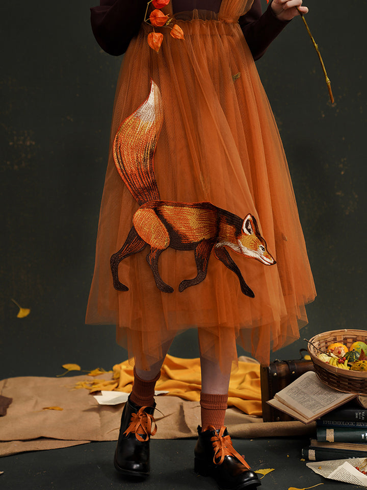 Original Fox Girl Multi layer Stacked Large Pendant Skirt Retro Maple Leaf Autumn Pong Skirt Strap Half body Skirt