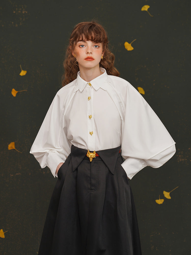 Fox Spirit  Lantern Sleeve Shirt - Heavy Embroidered Vintage White Blouse