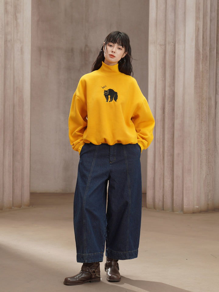 Black Cat Muse Embroidered Sweatshirt - Retro Yellow Fleece Oversized Pullove