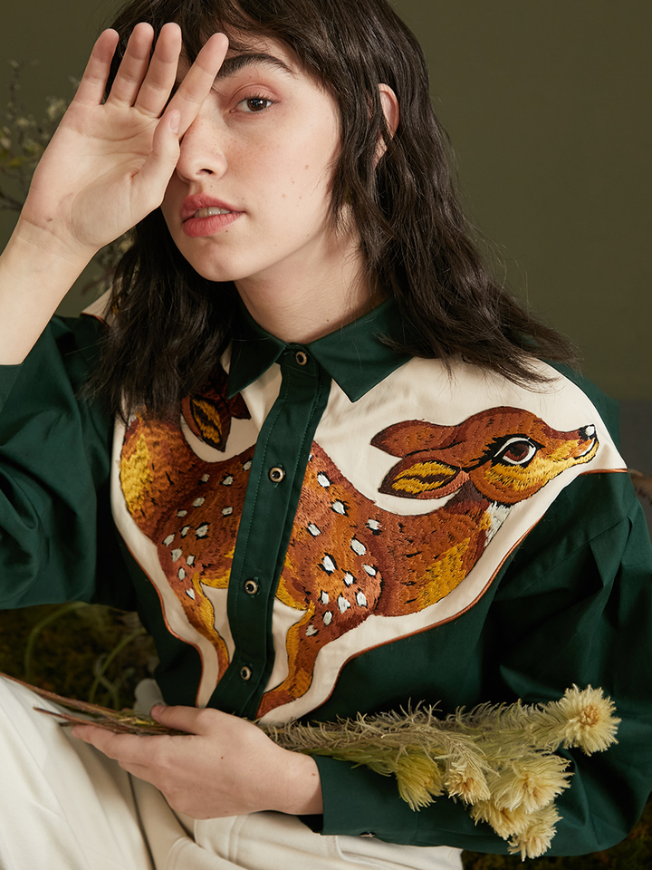 Forest Deer  Thick Cotton Shirt -  Heavyweight Embroidered Contrasting Top