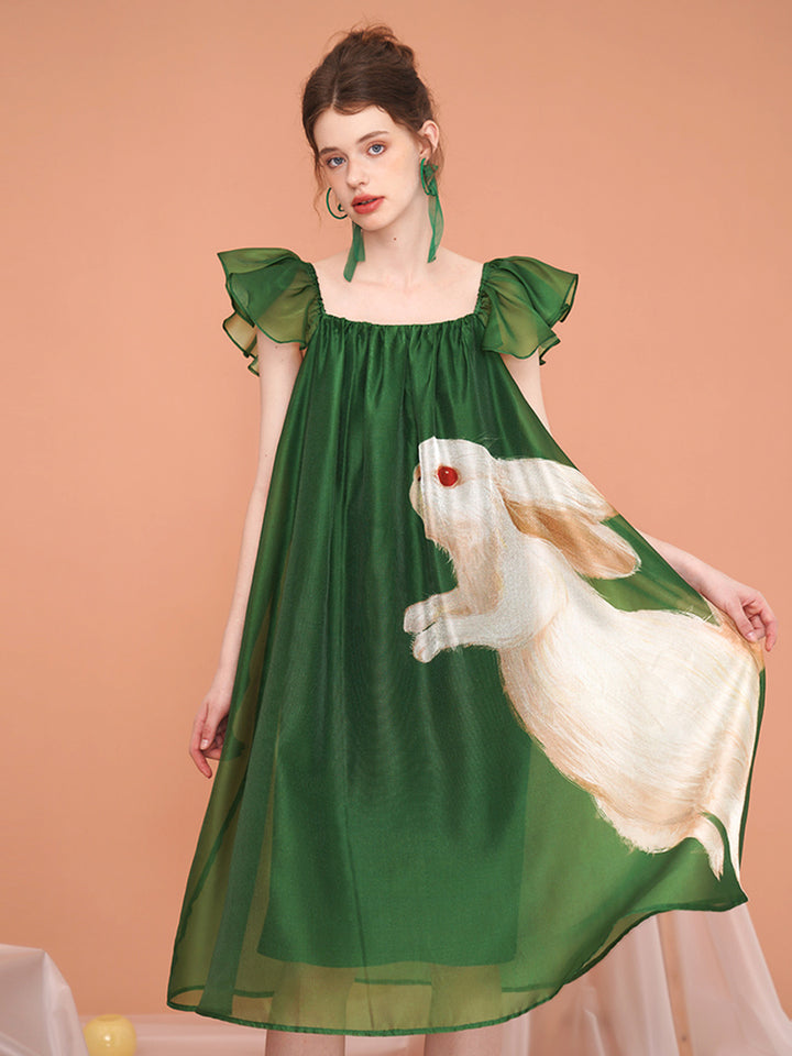 Original French retro printed rabbit pattern flying sleeve dress for women, short sleeved romantic and super fairy slimming dress