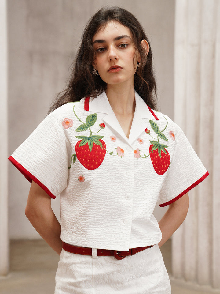 Strawberry Embroidered Cuban Collar Short-Sleeve Shirt