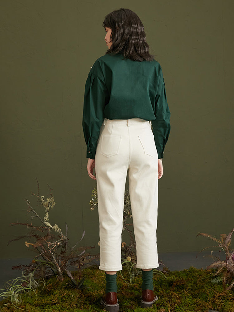 Forest Deer  Thick Cotton Shirt -  Heavyweight Embroidered Contrasting Top