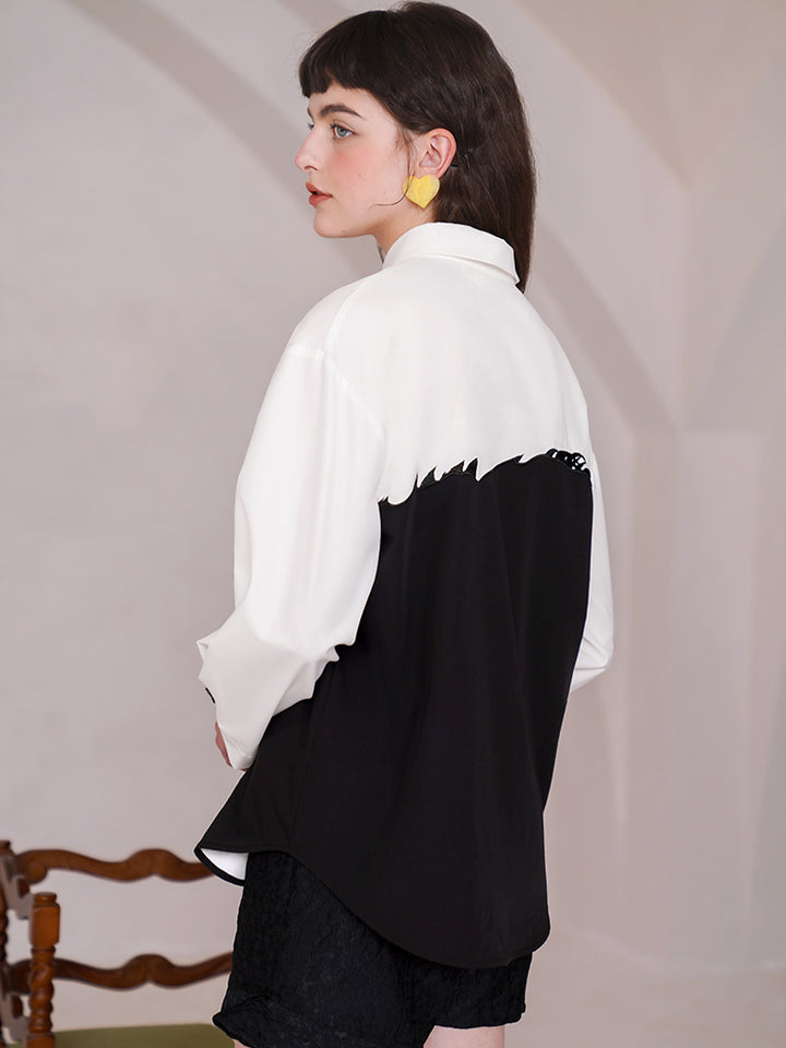 Stitched Artistry  Retro Blouse - Niche Contrasting Spliced Embroidered Shirt