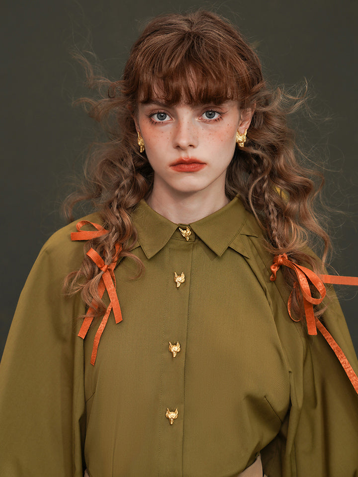 Original retro three-dimensional lantern sleeve shirt, heavy industry fox embroidery goddess, young silhouette white shirt