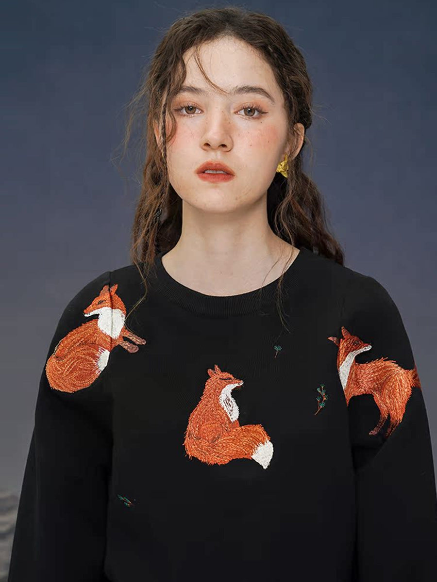Original Design Red Fox Hoodie Exquisite Embroidery Wide Round Neck Top Age Reducing Soft Glutinous Spring and Autumn New Style