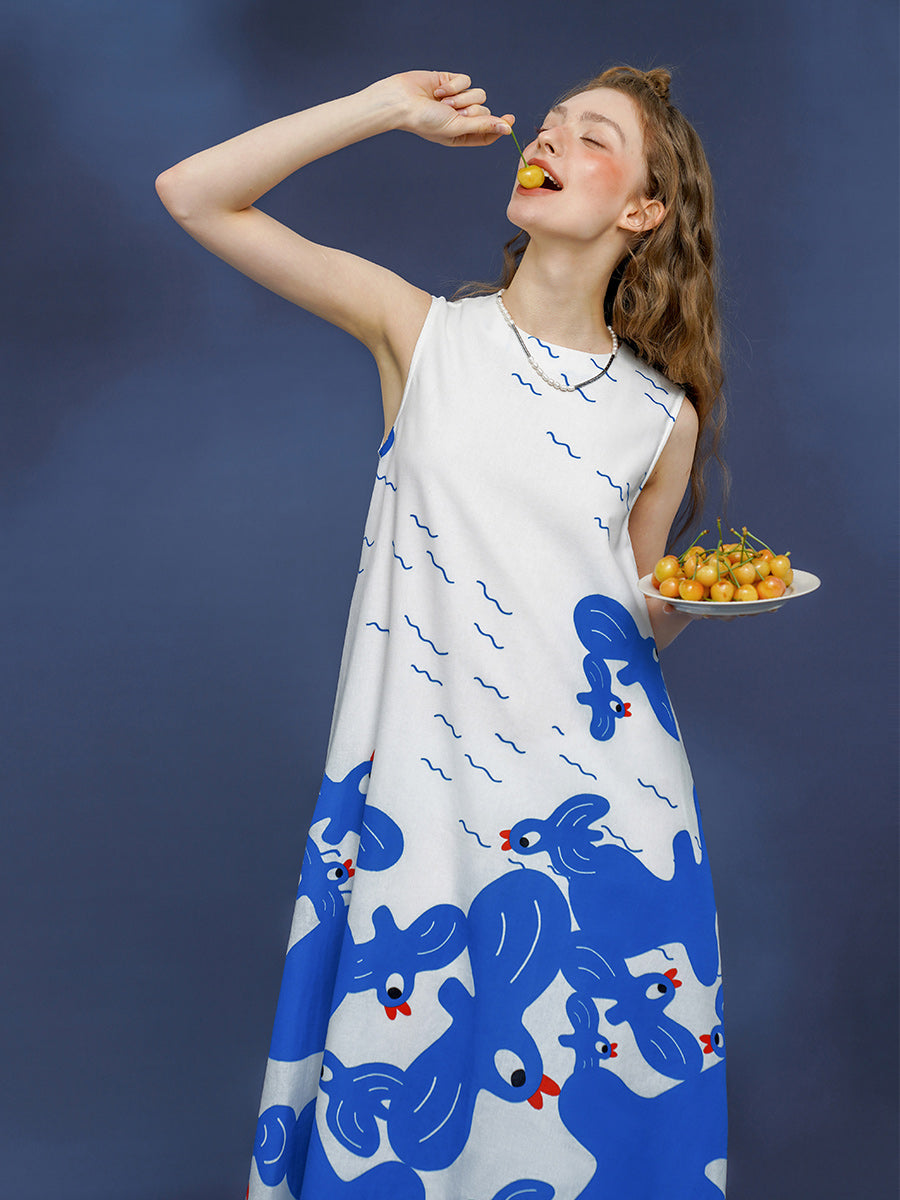 Original Summer Refreshing Blue and White Hand drawn Illustration Art Printed Dress Color Contrast Design Tank Top Long Dress