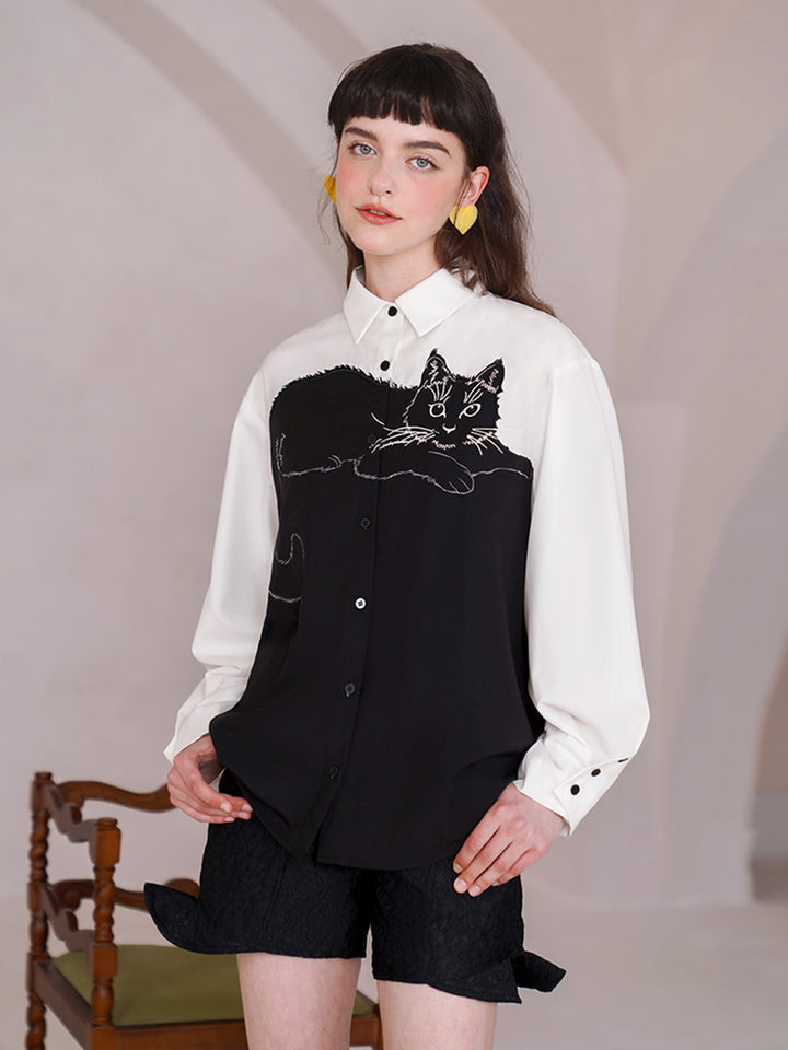 Camoooni Original design sense, contrasting color splicing shirt, niche long sleeved retro embroidered shirt, women's top