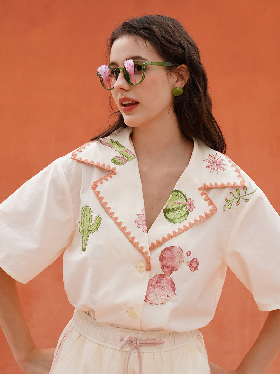 Original light retro summer sports style niche shirt cactus outdoor top quick drying American embroidery women