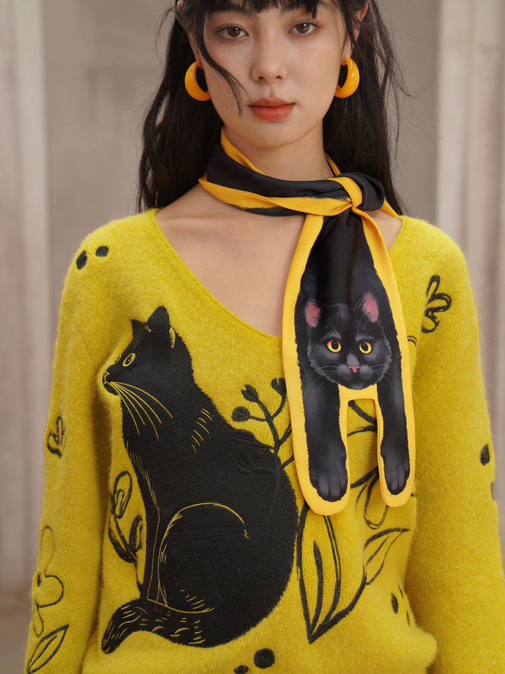 Vintage V-Neck Knitted Sweater – Black Cat Embroidery, Rabbit Hair Blend