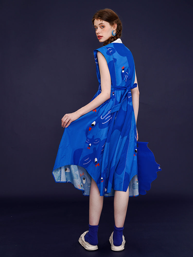 Blue Aviary French Retro Dress - Bird Graffiti Print Sleeveless Slimming Maxi