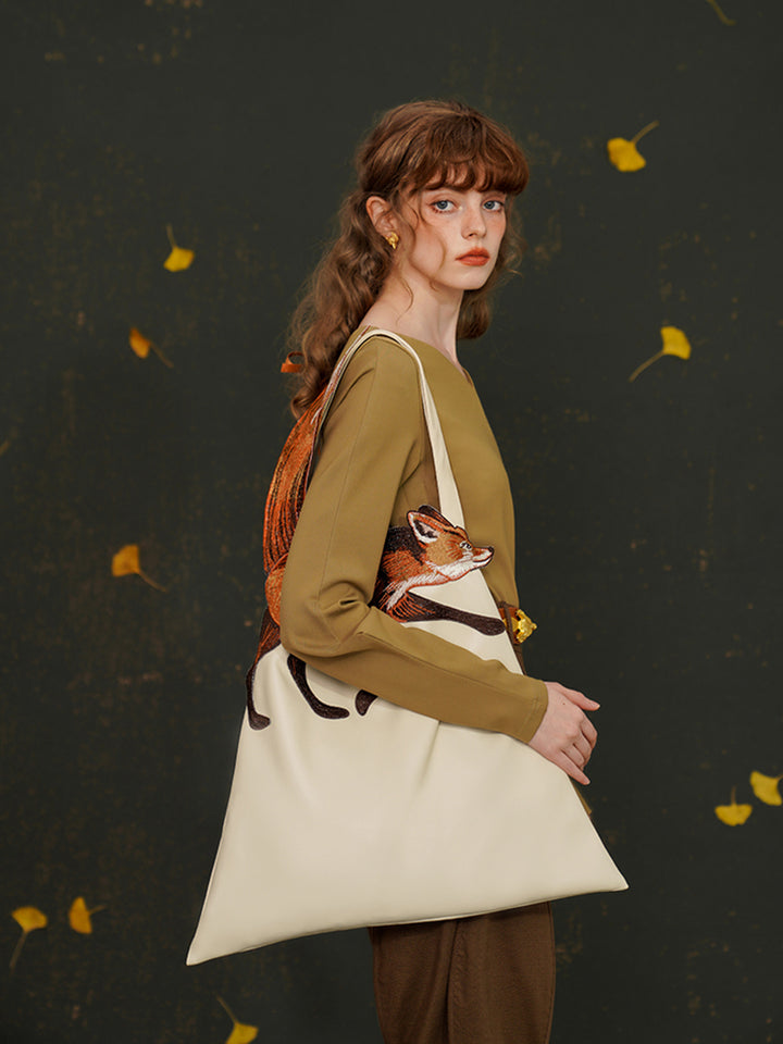 Leaping Fox  Embroidered Tote - Original Canvas & PU Large Capacity Handbag
