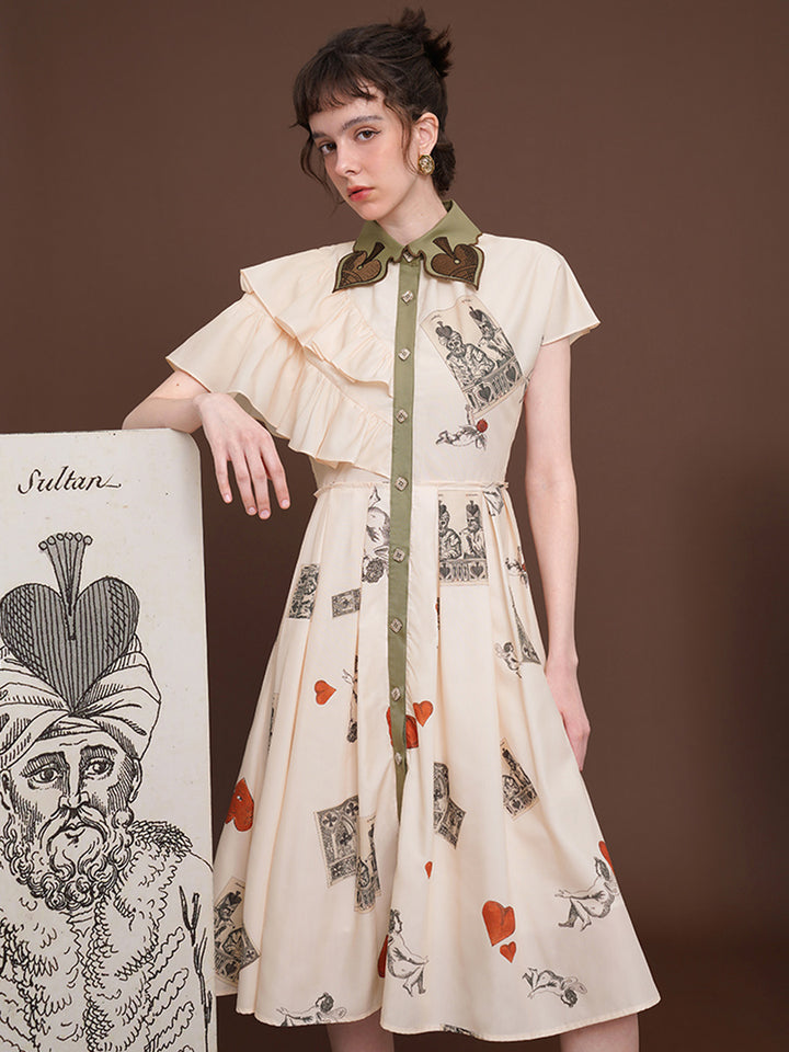 Original French retro printed floral dress for women, short sleeved romantic American retro style slimming dress