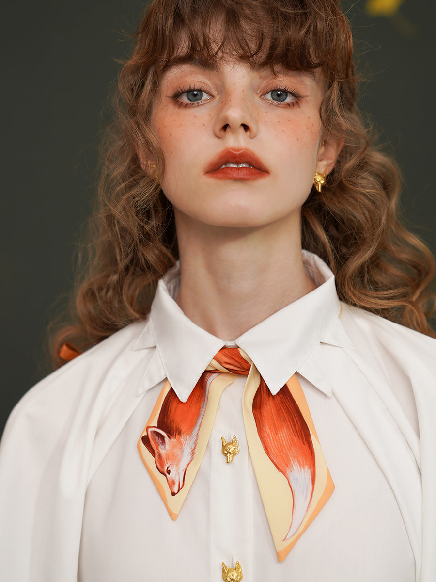 Artistic Fox Hand-Painted Narrow Scarf - Vintage Skinny Silk-Feel Long Tie