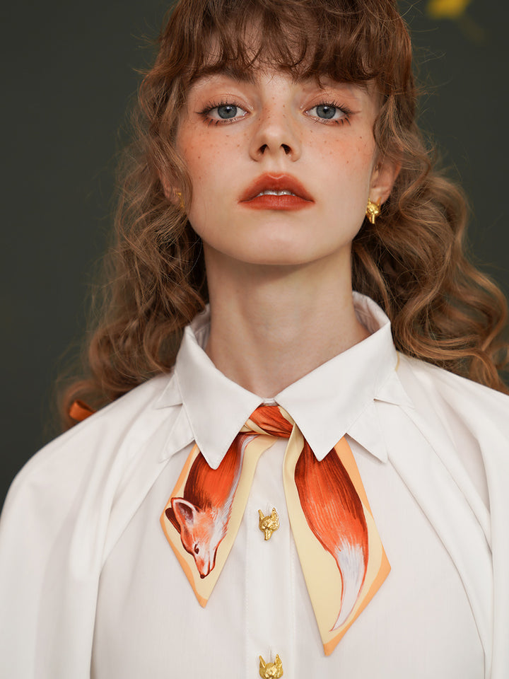 Artistic Fox Hand-Painted Narrow Scarf - Vintage Skinny Silk-Feel Long Tie