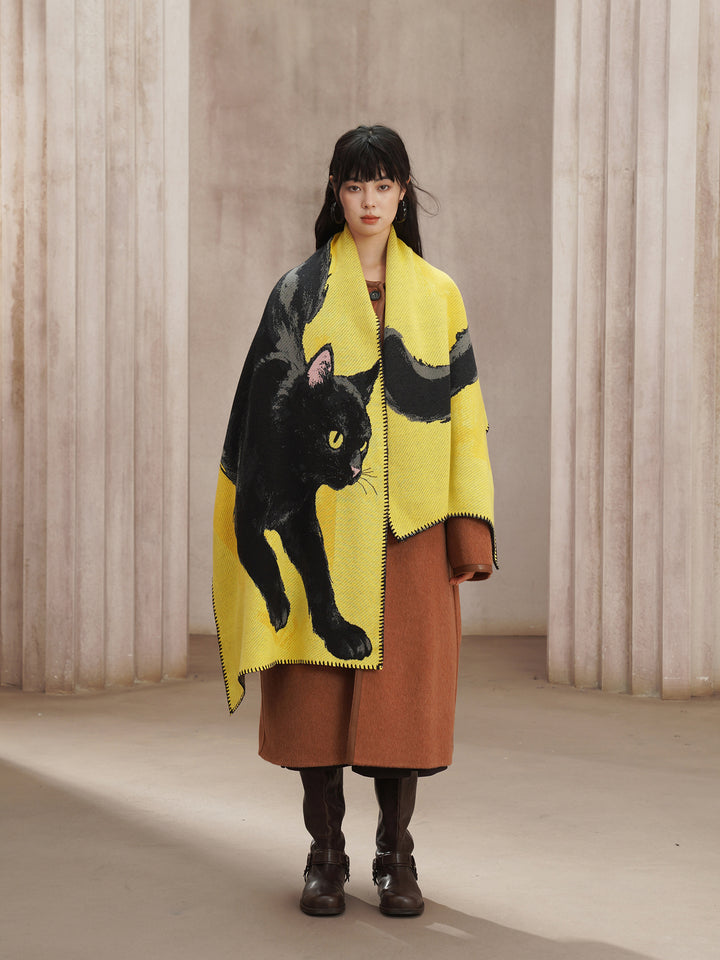 Midnight Feline  Chunky Shawl - Original Wool Blend Black Cat Knitted Scarf