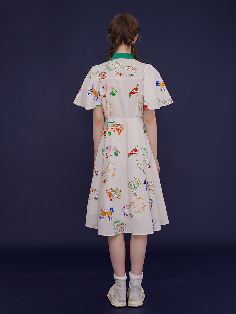 Whimsical Aviary" French Retro Dress - Graffiti Print Slimming White Midi