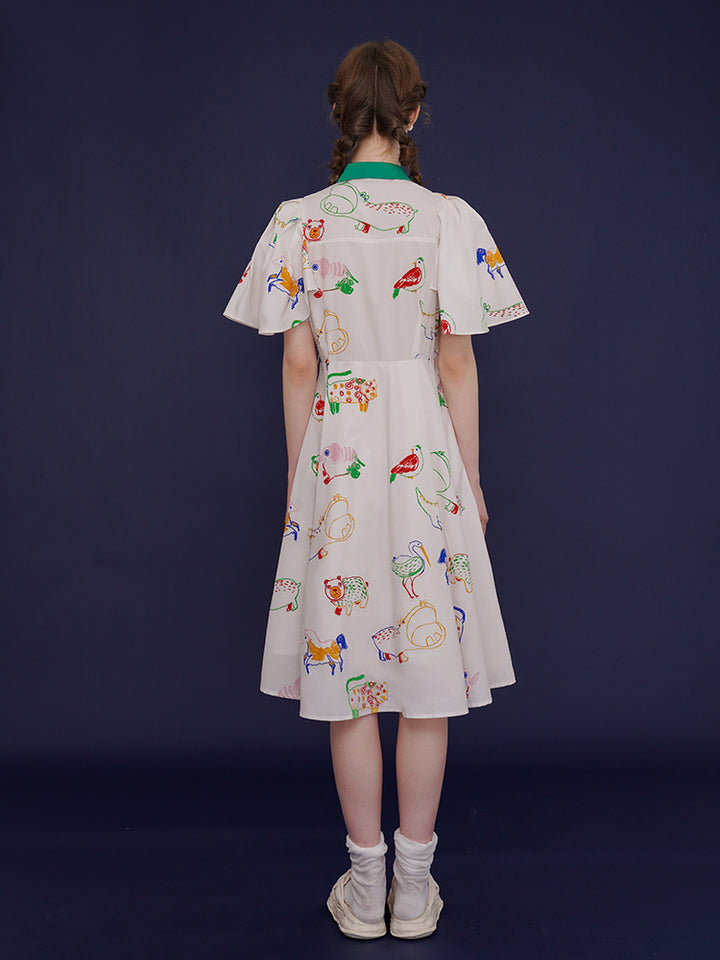 Whimsical Aviary" French Retro Dress - Graffiti Print Slimming White Midi