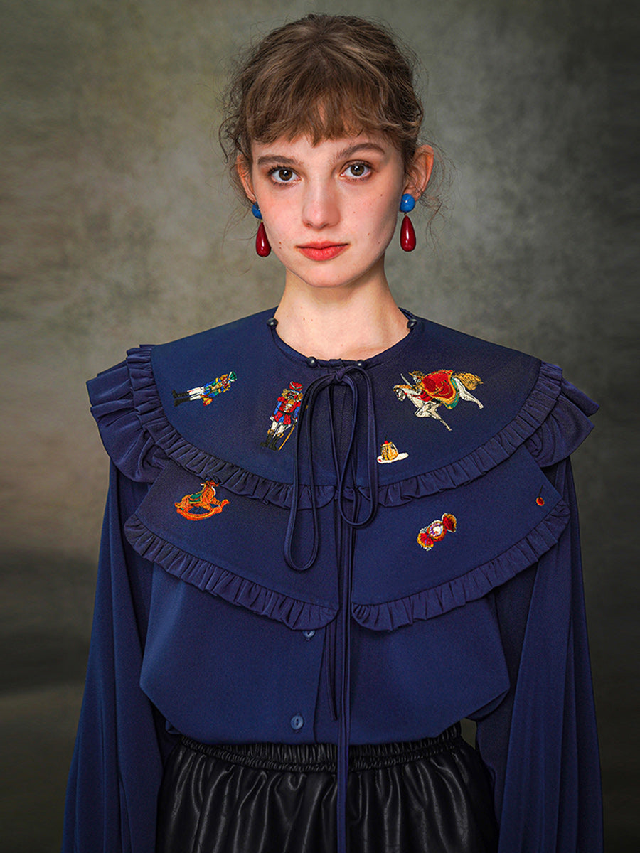 Original design Embroidered shirt French retro manor loose and detachable shawl top for autumn and winter women