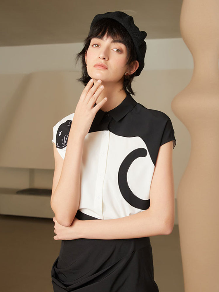 Urban Feline Leopard Shirt - Original Art Style Color Contrast Slimming Short Sleeve Blouse