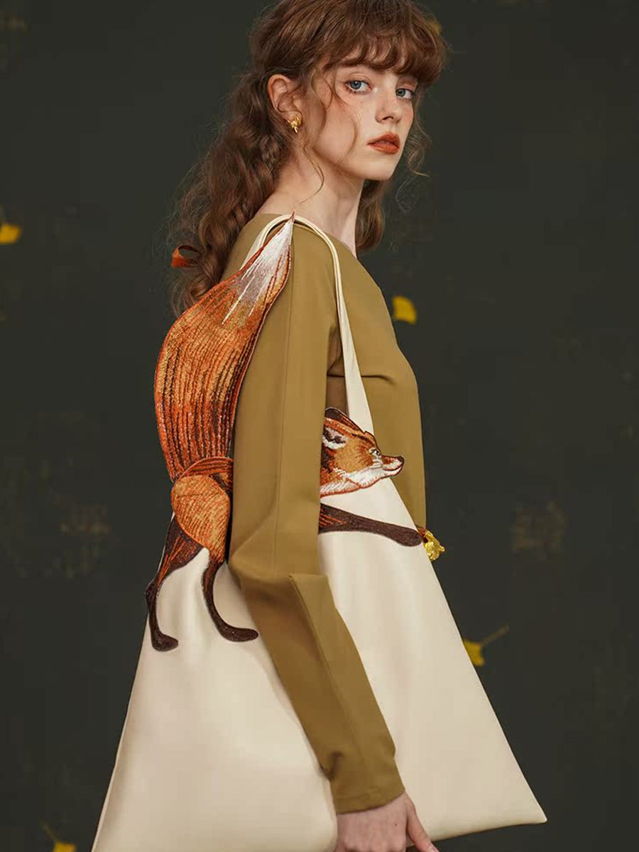 Original Design Fun Leaping Fox Shoulder Bag CAMOOONI Large Capacity Embroidered PU Handheld Canvas Bag for Women