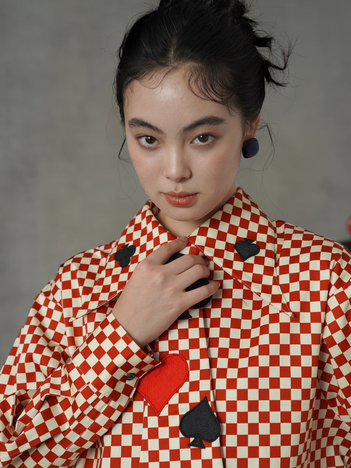 Vintage Red Diamond & Poker Embroidered Shirt | Preppy Style Lapel Blouse