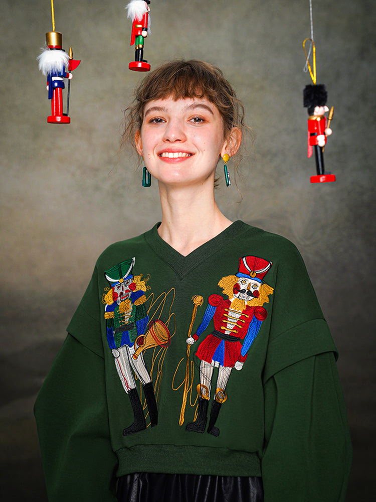 Nutcracker Embroidered Wide V-neck Hoodie with Spliced Sleeves