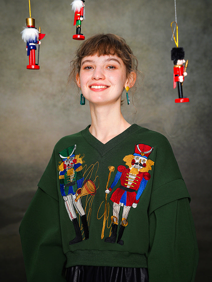 Nutcracker Embroidered Wide V-neck Hoodie with Spliced Sleeves