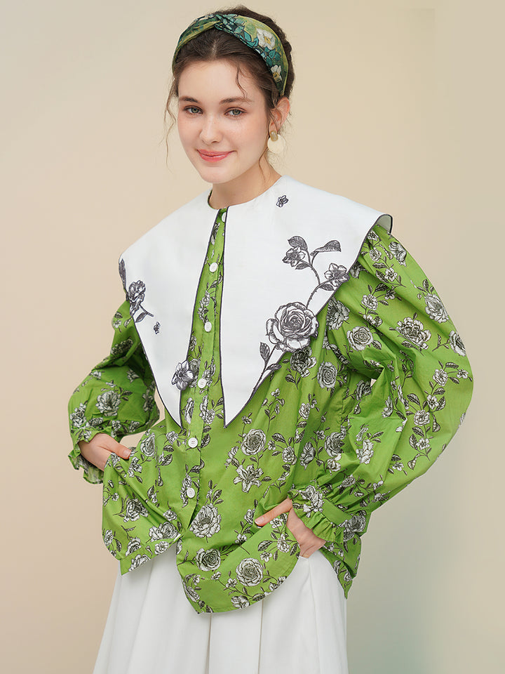 Original Green Rose French Retro Printed Shirt, Large Collar Top, Versatile Design, Women's Top