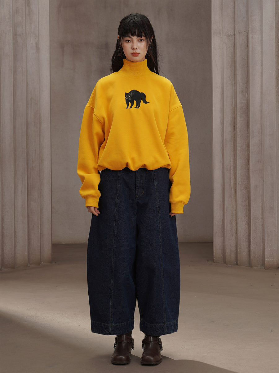 Sun Yellow Embroidered Black Cat Sweatshirt - Retro Streetwear Pullover with Half High Neck, Cute Embroidery Graphic Sweatshirt for Women