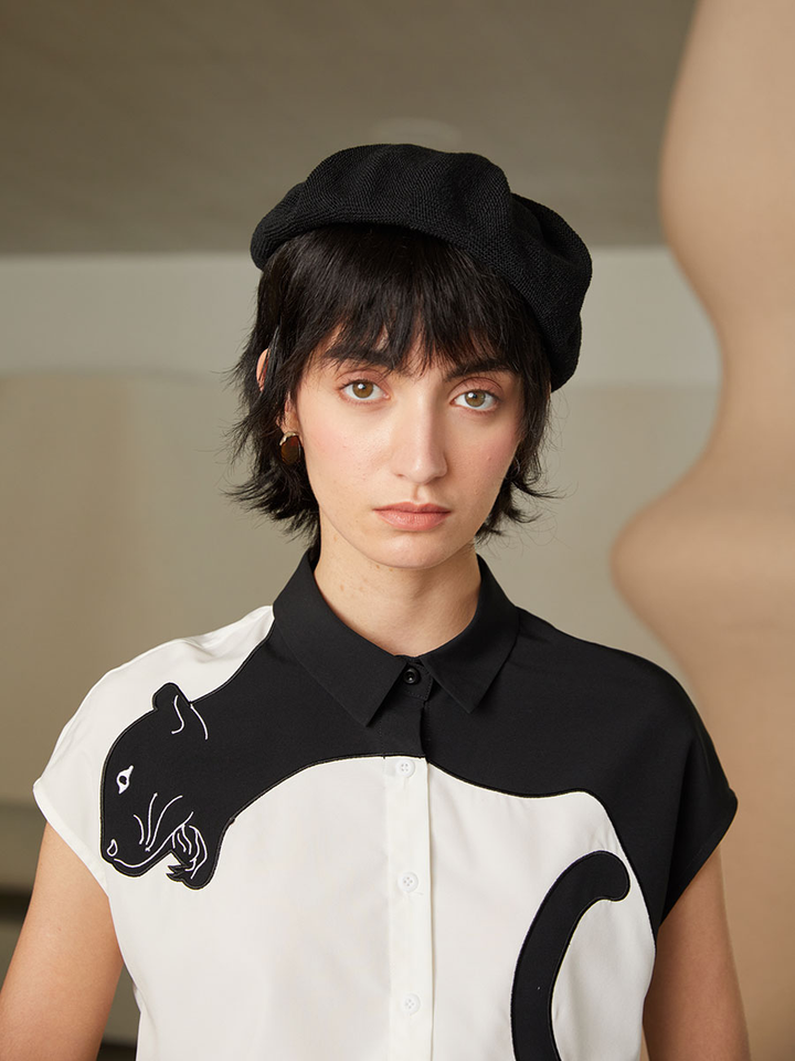 Urban Feline Leopard Shirt - Original Art Style Color Contrast Slimming Short Sleeve Blouse