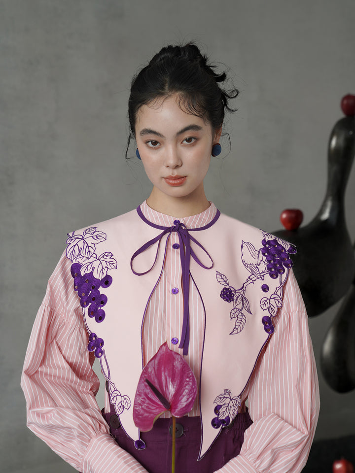 Rose Pink Vine Embroidered Shirt | French Vintage Layered Collar Top