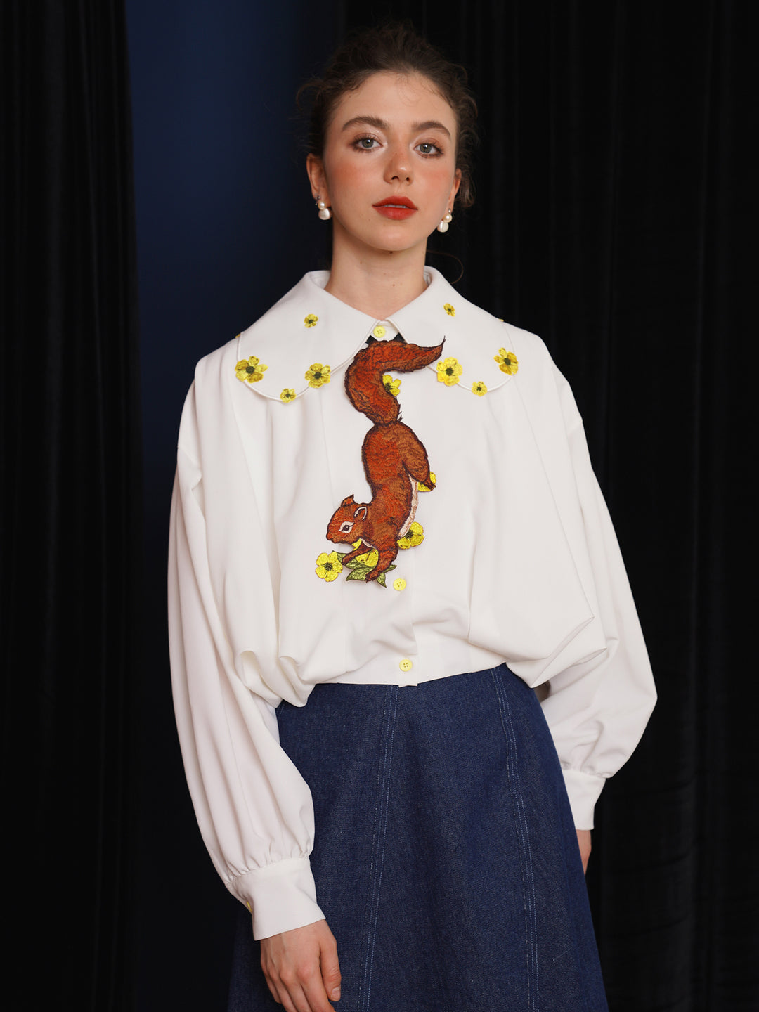 Forest Whisper Embroidered Jacket - Retro Squirrel & Flower Off-Shoulder Niche Top