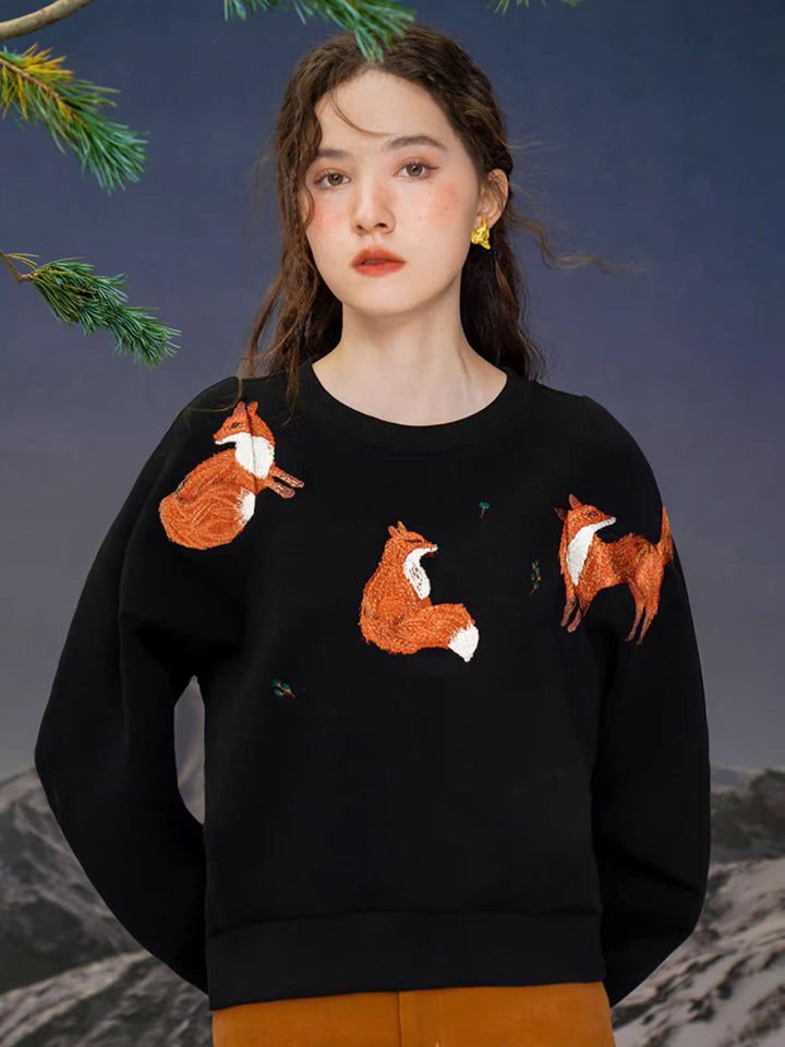 Red Fox  Embroidered Hoodie - Vintage Wide Neck Oversized Sweatshirt