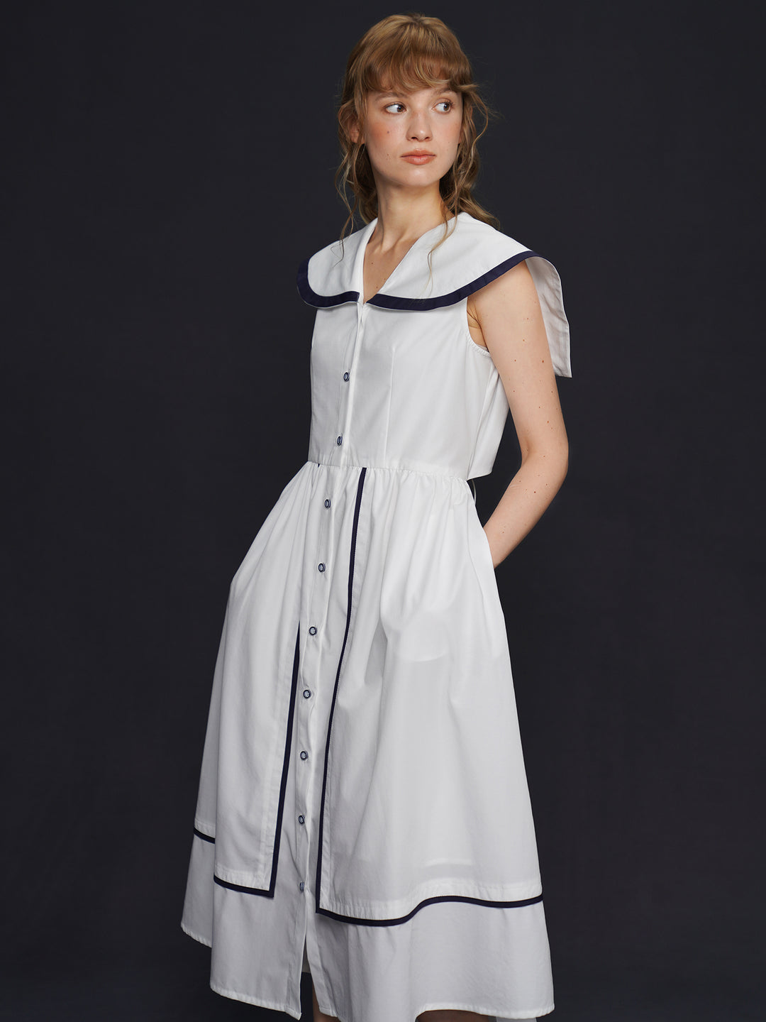 Academy Sailor French Midi Dress - Retro Navy Style Slimming Summer Shirt Dress