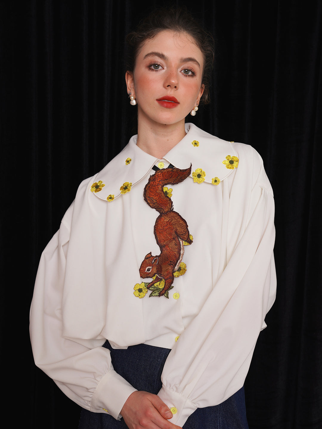 Forest Whisper Embroidered Jacket - Retro Squirrel & Flower Off-Shoulder Niche Top