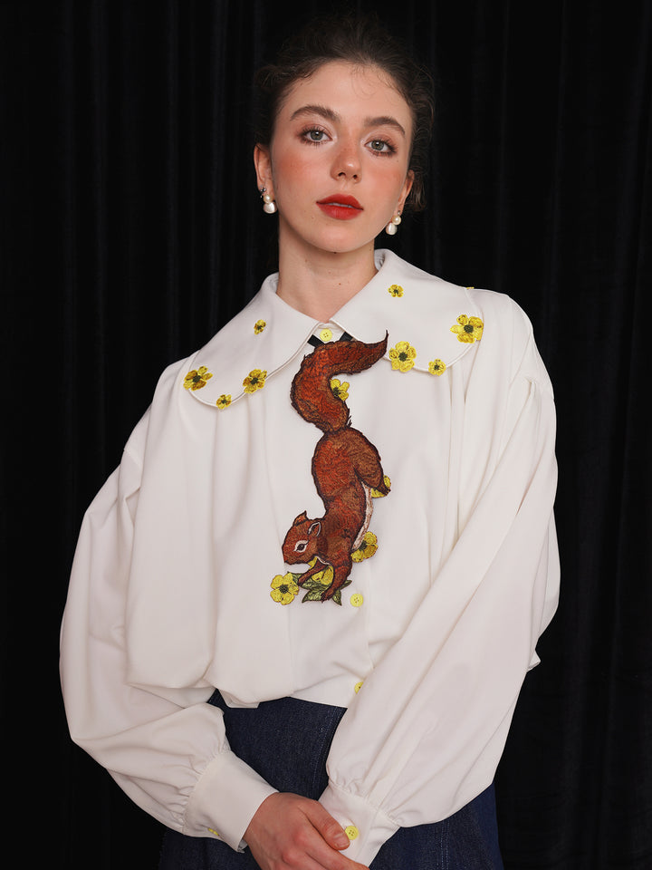 Forest Whisper Embroidered Jacket - Retro Squirrel & Flower Off-Shoulder Niche Top