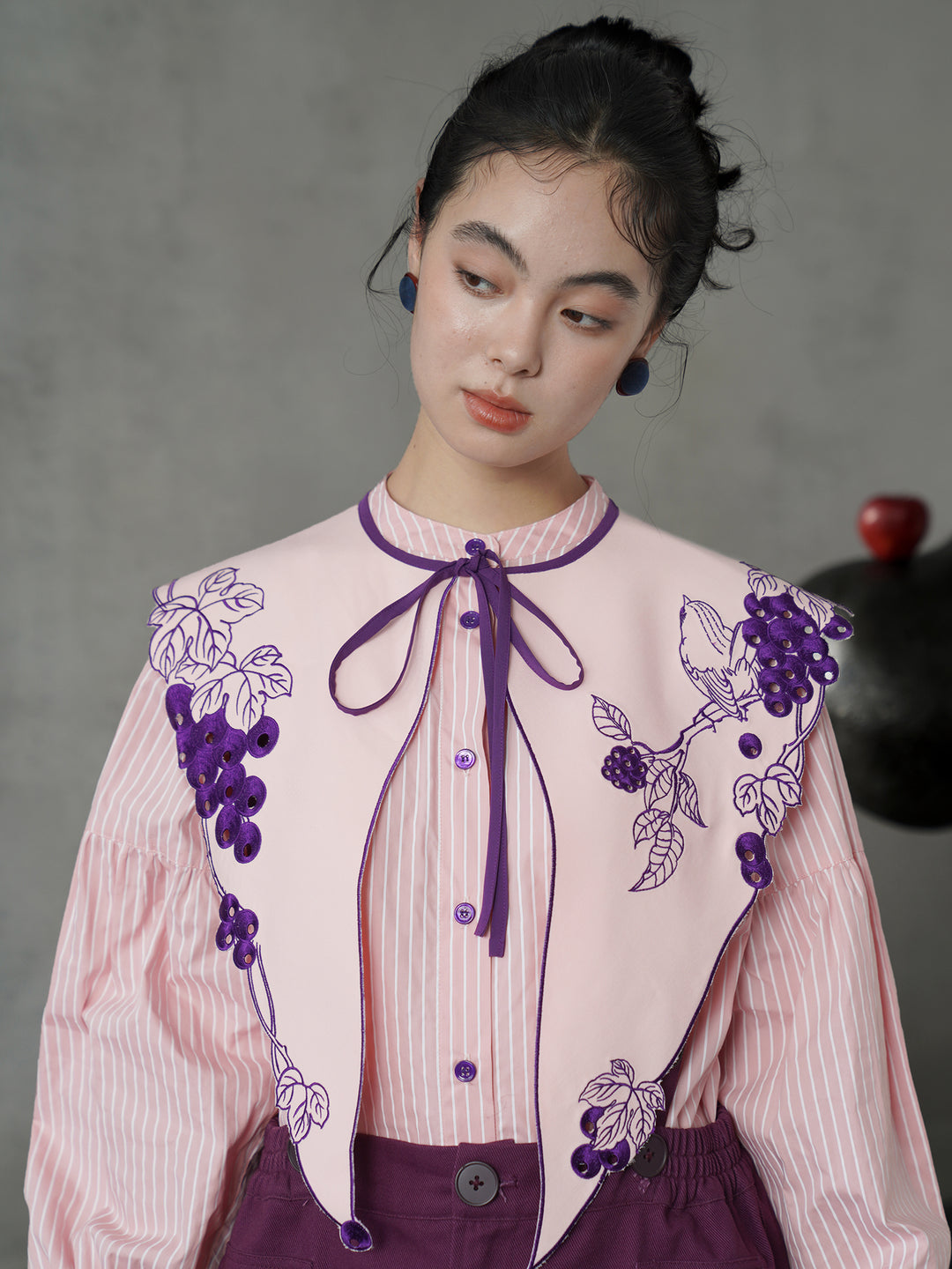 Rose Pink Vine Embroidered Shirt | French Vintage Layered Collar Top