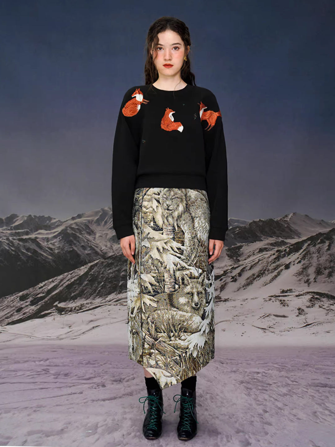 Red Fox  Embroidered Hoodie - Vintage Wide Neck Oversized Sweatshirt
