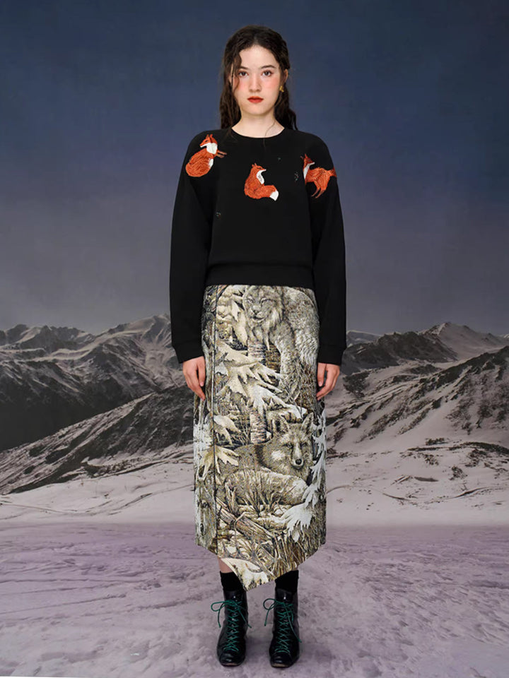 Red Fox  Embroidered Hoodie - Vintage Wide Neck Oversized Sweatshirt