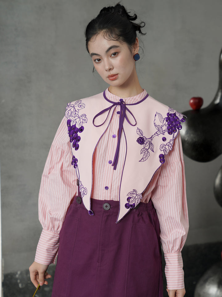 Rose Pink Vine Embroidered Shirt | French Vintage Layered Collar Top